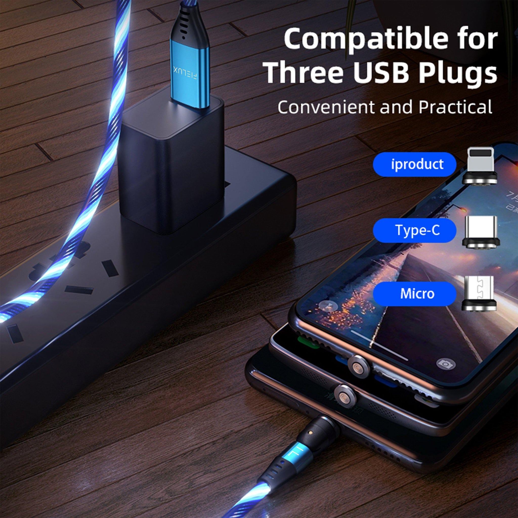 FIELUX Luminous LED Light Magnetic 3 in 1 Charging Cable - FIELUX.COM